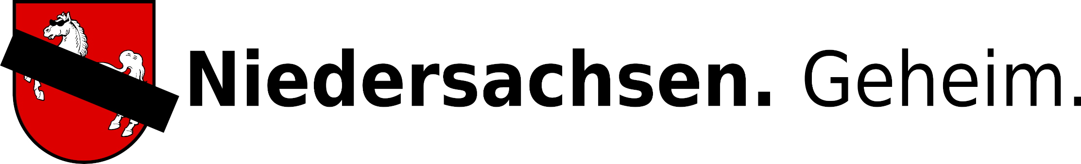 Wappen von Niedersachsen, auf dem das weiße Rössl eine Sonnenbrille trägt und das Tier selbst durch einen schwarzen Querbalken großteils verdeckt wird. Daneben Schriftzug: ‘Niedersachsen. Geheim.’"